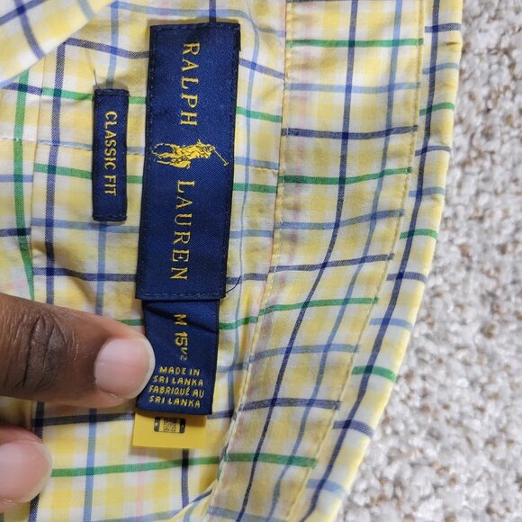 Polo Ralph Lauren Shirt Mens Medium 15.5 Yellow Blue Check Button Down Classic - Picture 3 of 7